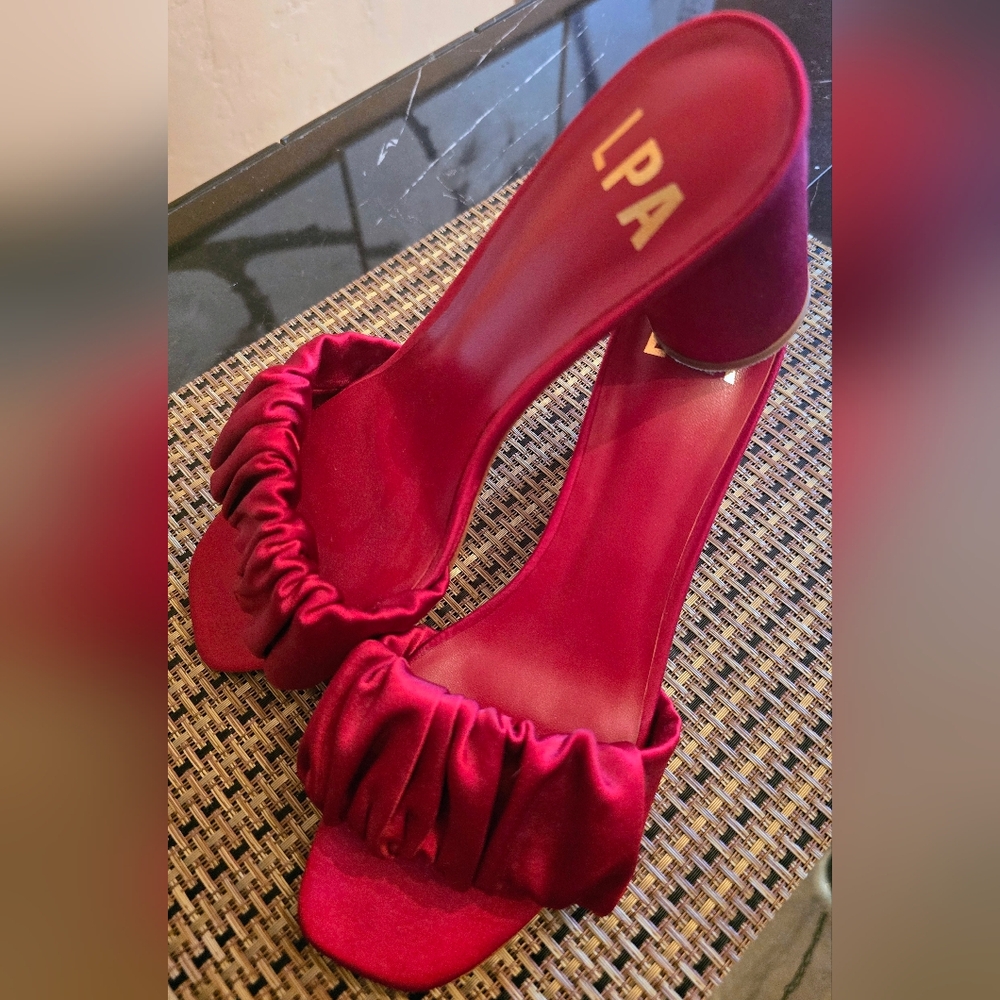 LPA Red Velvet Ruffle Heels
